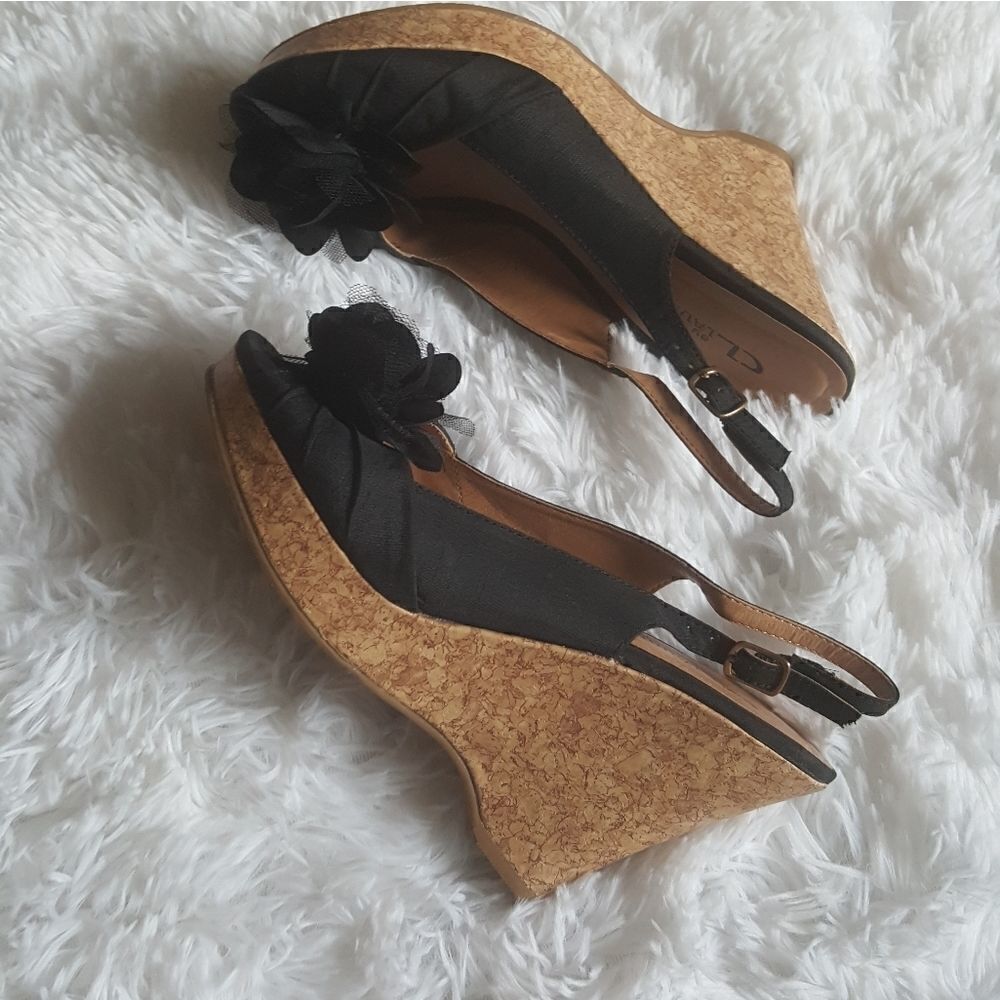 CL by Laundry Ilena Wedge Sandals Black Cork‎ Open Toe Flower Top Shoes Size 7.5